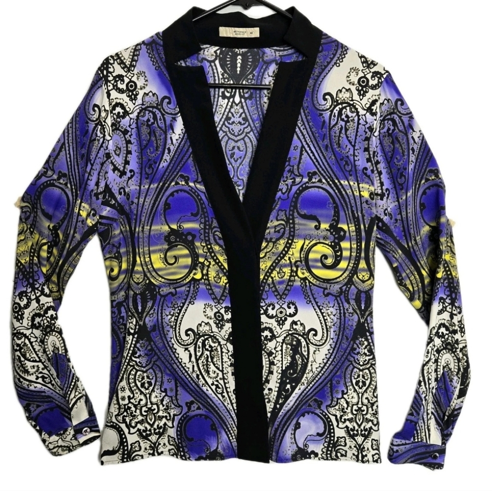 Etro Top Purple Multi Paisley Silk Blouse Jacket Size 42